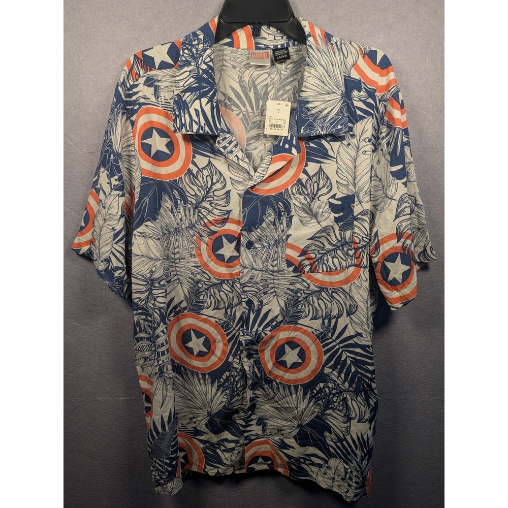 Marvel Captain America Shirt Mens L Blue Tropical Shield‎ Rayon Button Up NWT
